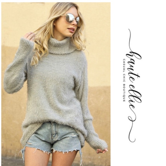 Turtle Dove- Dove Gray Turtleneck Fluff Sweater - Picture 2 of 5